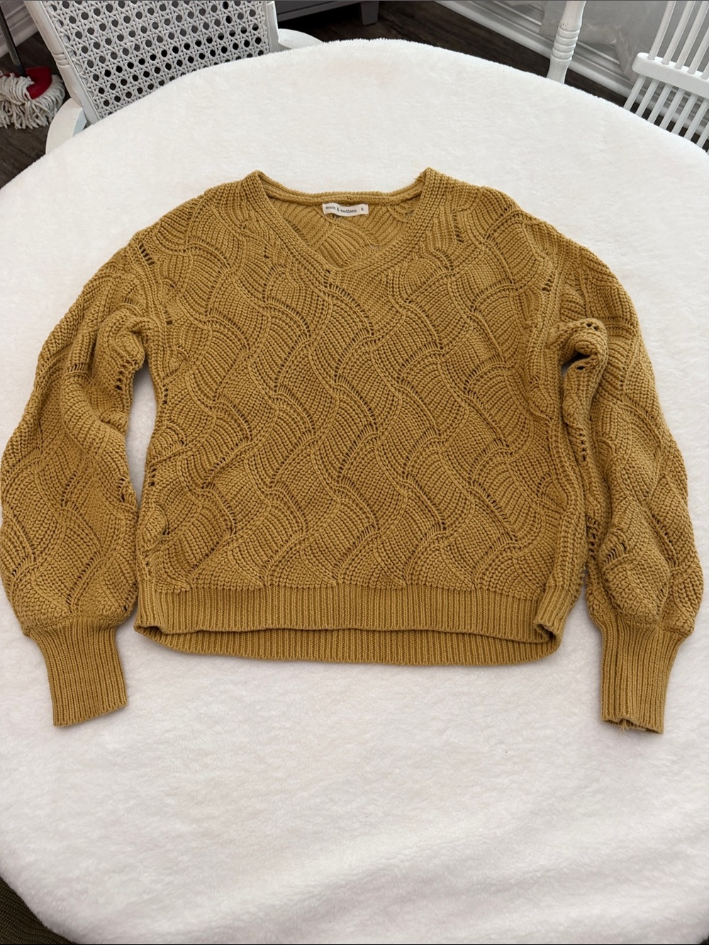 moon & madison Mustard Cable Knit V-Neck Sweater